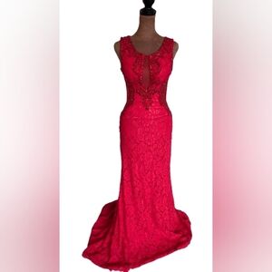 Illusion Cutout Lace Formal Gown Red with Sequines and Beads Mermaid style.XS-S